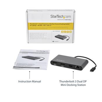 STARTECH Thunderbolt 3 Dock - Mini - Mac / Windows - 4K 60Hz - Dual DisplayPort - Laptop Docking Station - USB C Docking Station (TB3DKM2DP)