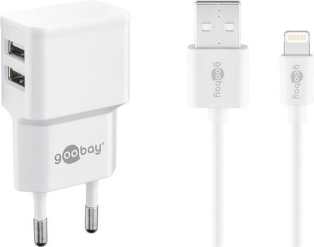 GOOBAY Dual Apple Lightning charger set 2.4 A, white, 1 m - power unit with 2 USB ports and Apple Lightning cable (44979)