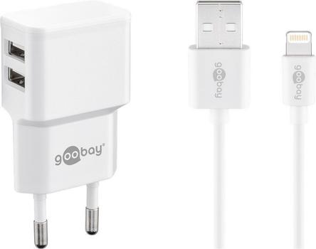 Goobay Dual Apple Lightning charger set 2.4 A, white, 1 m - power unit with 2 USB ports and Apple Lightning cable (44979)