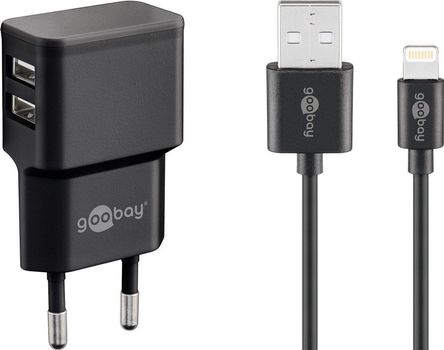 GOOBAY Dual Apple Lightning charger set 2.4 A, black, 1 m - power unit with 2 USB ports and Apple Lightning cable (44995)