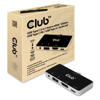 CLUB 3D USB TYPE C 3.1 GEN 1 TO HDMI 2.0b + 1 USB 2.0 TYPE A + USB C CHARGE UP TO 100W + 1 COMBO AUDIO JACK FEMALE (CSV-1591)