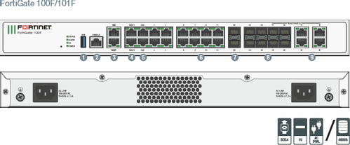 FORTINET 22 x GE RJ45 ports (including 2 x WAN ports, 1 x DMZ port, 1 x Mgmt port, 2 x HA ports, 16 x switch ports with 4 SFP port shared media), 4 SFP ports, 2x 10G SFP+ FortiLinks,  dual power supplies redund (FG-100F)