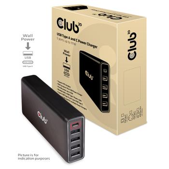 CLUB 3D Nätadapter 111W USB-C PD /laddning 87W USB-A hub 4-portar laddar upp till 12W per port 4st 5V/2,1A (CAC-1903EU)