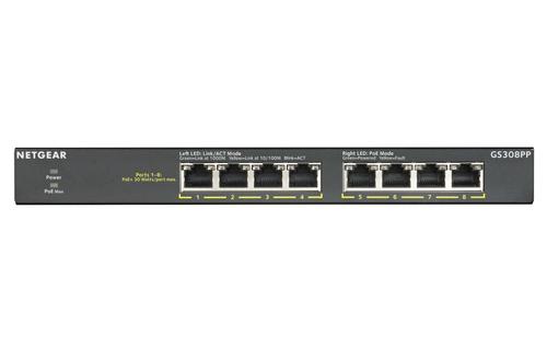 NETGEAR Switch, GS308PP 8PT PoE/PoE+ GE Unmanaged Switch (GS308PP-100EUS)