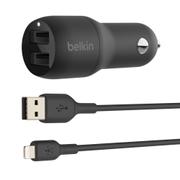 BELKIN DUAL USB-A CHARGER CAR W/LIGHTNING CABLE 1M 24W BLACK CHAR