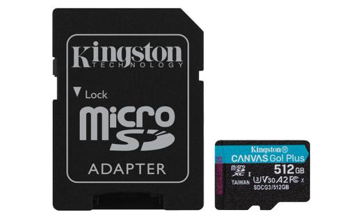 KINGSTON Canvas Go! Plus - Flash memory card (microSDXC to SD adapter included) - 512 GB - A2 / Video Class V30 / UHS-I U3 / Class10 - microSDXC UHS-I (SDCG3/512GB)