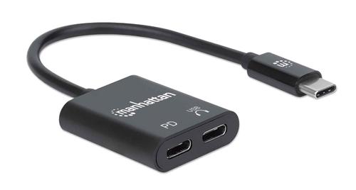 MANHATTAN USB-C Audio Adapter, USB-C Male to USB-C Audio and USB-C Power Delivery Females, Black (153348)