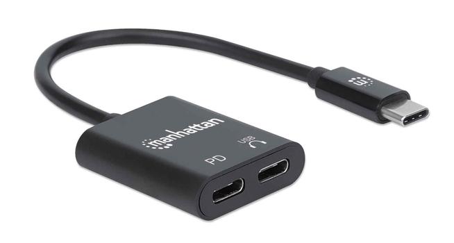 MANHATTAN USB-C Audio Adapter, USB-C Male to USB-C Audio and USB-C Power Delivery Females, Black (153348)