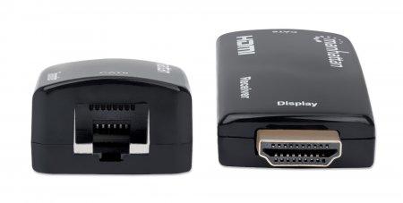 MANHATTAN 1080p Compact HDMI over Ethernet Extender Kit, Extends Distances of 1080p@60Hz Signal up to 60 m (196 ft.) with a Single Cat6 Ethernet Cable, Transmitter and Receiver, Power over Cable, Ultra Slim Des (207539)
