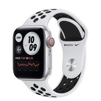 APPLE Watch Nike Series 6 (GPS + Cellular) - 40 mm - silveraluminium - smart klocka med Nike sportband - fluoroelastomer - ren platina/ svart - bandstorlek: S/M/L - 32 GB - Wi-Fi, Bluetooth - 4G - 30.5 g (M07C3KS/A)