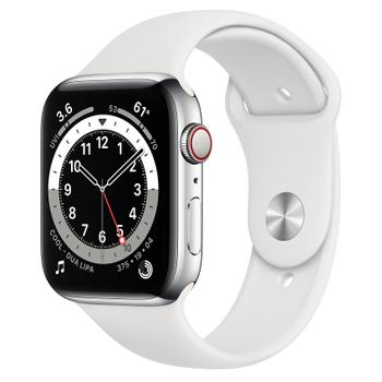 APPLE Watch Series 6 GPS + Cellular 44mm Silver Aluminium Case with White Sport Band - Regular (MG2C3KS/A)