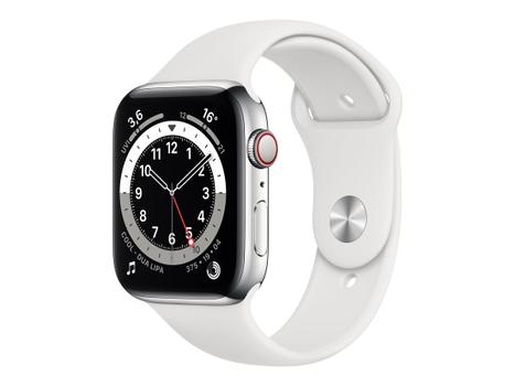 APPLE Watch Series 6 GPS + Cellular 44mm Silver Stainless Steel Case with White Sport Band - Regular (M09D3KS/A)