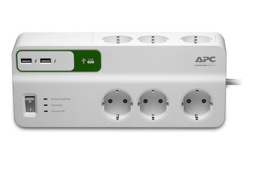 APC Essential SurgeArrest 6 230V Outlets, 2 Port 5V 2.4A USB charger (PM6U-GR)