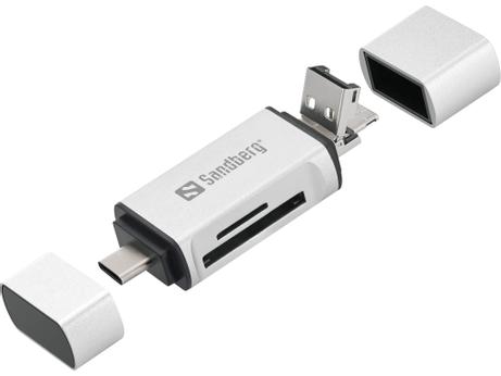 Sandberg kortleser USB-C, USB, MicroUSB Leser og skriver til SD-kort og Micro-SD-kort (136-28)