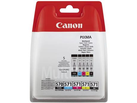 Canon PGI-570/ CLI-571 PGBK/ BK/ C/ M/ Y Multi Pack - 5-pack - svart, gul, cyan, magenta - original - blister - blekkbeholder - for PIXMA TS5051, TS5053, TS5055, TS6050, TS6051, TS6052, TS8051, TS8052, TS9050, T (0372C004)