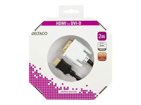 DELTACO HDMI to DVI cable, 19-pin DVI-D Single Link, 2m, black and white (HDMI-112-K)