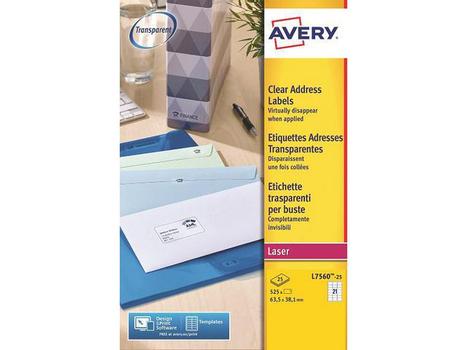 AVERY Laser Address Label 63.5x38mm 21 Per A4 Sheet Clear (Pack 525 Labels) L7560-25 (L7560-25)