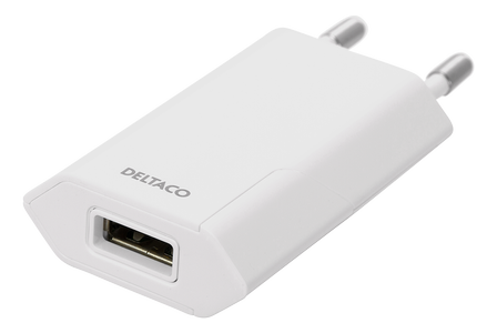DELTACO USB wallcharger 100 240 V 1x USB-A 1 A 5 W white (USB-AC173)
