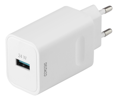 DELTACO USB-seinälaturi,  1x USB-A, 24W pikalataus,  valkoinen (USB-AC177)