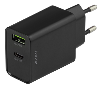 DELTACO USB wall charger, 1x USB-A 18 W, 1x USB-C PD 18 W, black (USBC-AC135)