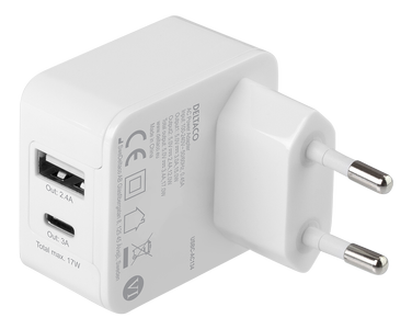 DELTACO USB wall charger, 1x USB-A, 2,4 A, 1x USB-C, 15 W, total 17 W (USBC-AC134)