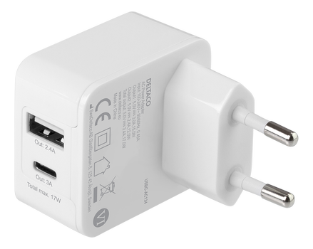DELTACO USB wall charger, 1x USB-A, 2,4 A, 1x USB-C, 15 W, t (USBC-AC134)