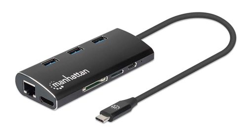 MANHATTAN SuperSpeed USB-C Multiport Adapter, USB 3.2 Gen 1 Type-C Male to HDMI (4K@30Hz) Female, Three Top-Mounted SuperSpeed USB-A Ports, USB-C Power Delivery (PD 3.0) Port, Gigabit RJ45 Port and SD/ MicroSD C (152440)