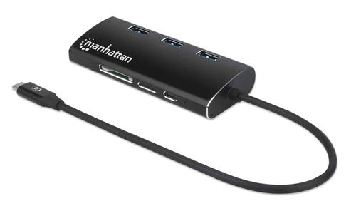 MANHATTAN SuperSpeed USB-C Multiport Adapter, USB 3.2 Gen 1 Type-C Male to HDMI (4K@30Hz) Female, Three Top-Mounted SuperSpeed USB-A Ports, USB-C Power Delivery (PD 3.0) Port, Gigabit RJ45 Port and SD/ MicroSD C (152440)