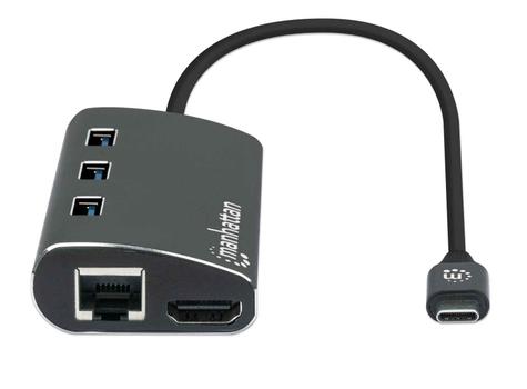 MANHATTAN SuperSpeed USB-C Multiport Adapter, USB 3.2 Gen 1 Type-C Male to HDMI (4K@30Hz) Female, Three Top-Mounted SuperSpeed USB-A Ports, USB-C Power Delivery (PD 3.0) Port, Gigabit RJ45 Port and SD/ MicroSD C (152440)