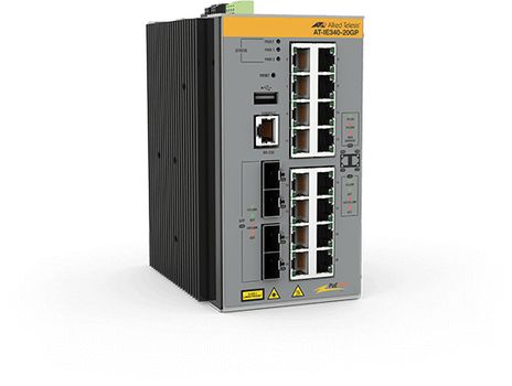 Allied Telesis s AT IE340-20GP - Switch - L3 - Managed - 8 x 10/ 100/ 1000 (PoE+) + 8 x 10/ 100/ 1000 (PoE) + 4 x Gigabit SFP - DIN rail mountable,  wall-mountable - PoE+ (240 W) - DC power (AT-IE340-20GP-80)