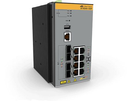 Allied Telesis s AT IE340-12GP - Switch - L3 - Managed - 8 x 10/ 100/ 1000 (PoE+) + 4 x 1000Base-X SFP - DIN rail mountable,  wall-mountable - PoE+ (240 W) - DC power (AT-IE340-12GP-80)