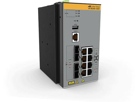 Allied Telesis s AT IE340-12GT - Switch - L3 - Managed - 8 x 10/ 100/ 1000 + 4 x 1000Base-X SFP - DIN rail mountable,  wall-mountable - DC power (AT-IE340-12GT-80)