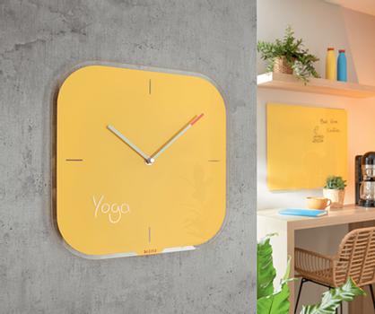 LEITZ Cosy Veggklokke med glassoverflate - varmgul Kvarts klokkemekanisme,  stillegående uten tikking. Inkl. whiteboardpenn (90170019)