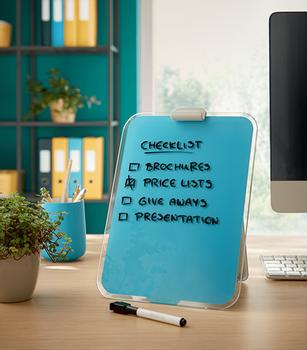 LEITZ Cosy Glastavla - whiteboard för skrivbordet med klämma -lugn blå Perfekt för anteckningar. Kompakt, stående A4-format,  inkl. whiteboardpenna (39470061)