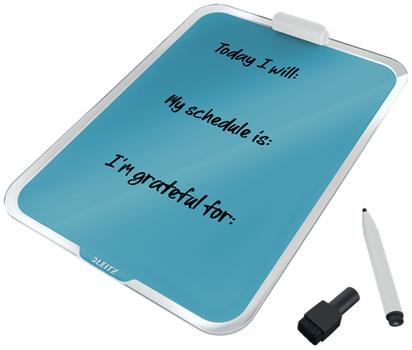 LEITZ Cosy Glastavla - whiteboard för skrivbordet med klämma -lugn blå Perfekt för anteckningar. Kompakt, stående A4-format,  inkl. whiteboardpenna (39470061)