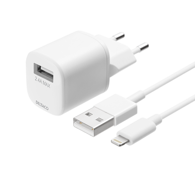 DELTACO USB wall charger, USB-A, 2,4 A, incl. 1 m USB-A to Lightning (USB-AC181)