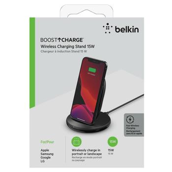 BELKIN BOOST CHARGE Trådløs ladestativ - sort QI, 15W, med strømadapter (WIB002VFBK)