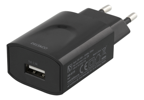 DELTACO wall charger, 100-240 V, 5 V 2,4 A, 1xUSB-A, white bag, black (USB-AC158)