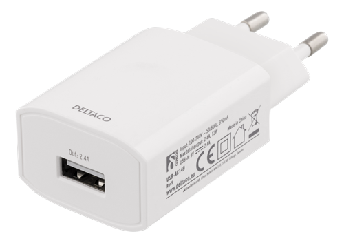 DELTACO wall charger, 100-240 V, 5 V 2,4 A, 1xUSB-A, white bag, white (USB-AC150)