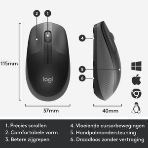 LOGITECH M190 Full-size Wireless Optical PC Mouse - Charcoal - Mus - Optisk - 3 knapper - Sort (910-005905)