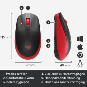 LOGITECH M190 Full-size Wireless Optical PC Mouse - Red - Mus - Optisk - 3 knapper - Rød (910-005908)