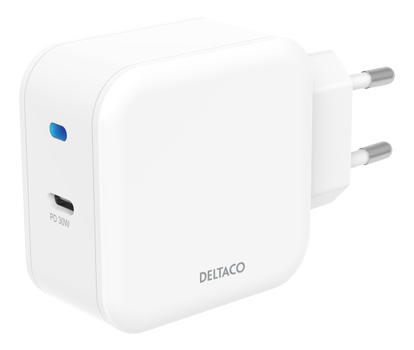 DELTACO USB-C PD -seinälaturi,  9V/3A, 30W, valkoinen (USBC-AC139)