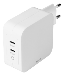 DELTACO USB-C wall charger, GaN technology,  2x USB-C PD, total 96 W (USBC-GAN03)