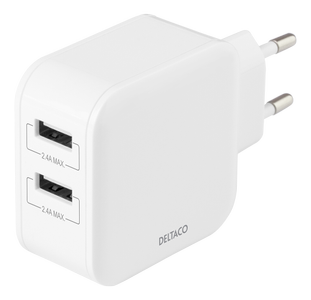 DELTACO USB wall charger, 2x USB-A 2,4 A, total 24 W, white (USB-AC175)