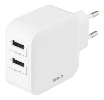 DELTACO Wall charger with dual USB-A ports, 4.8 A, 24 W, white (USB-AC175)