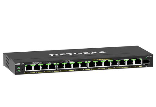 NETGEAR Plus GS316EP - Switch - Managed - 15 x 10/ 100/ 1000 (PoE+) + 1 x SFP - desktop, wall-mountable - PoE+ (180 W) (GS316EP-100UKS)