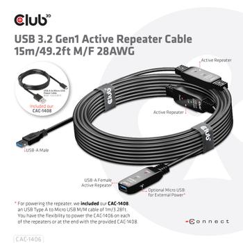 CLUB 3D USB 3.2 Gen1 aktives Kabel 15m St./B. 28AWG schwarz (CAC-1406)
