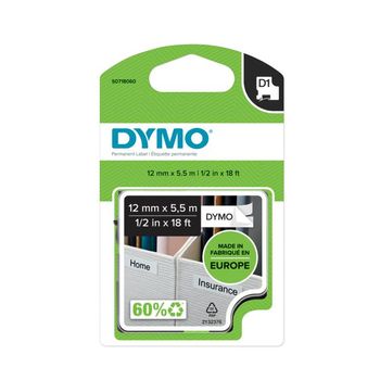 DYMO O D1 Tape Permanent 12mm x 5.5m Black on white (S0718060)