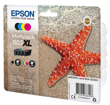 EPSON n Ink Cartridges,  603, Starfish, Multipack,  1 x 8.9 ml Black, 1 x 4.0 ml Cyan, 1 x 4.0 ml Magenta, 1 x 4.0 ml Yellow, Standard (C13T03A64010)