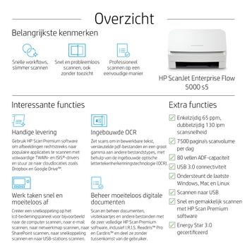 HP ScanJet Enterprise Flow 5000 s5 Document scanner CMOS CIS Duplex 216x3100mm 600dpix600dpi 65ppm ADF 80sheets 7500scans (6FW09A#B19)